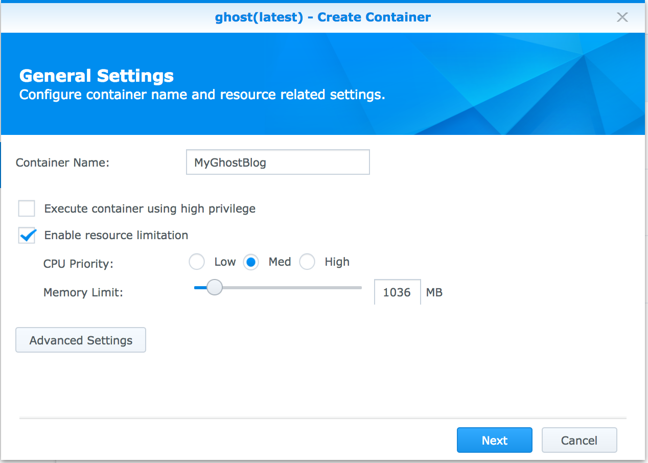 Synology - Configure Docker with Ghost Blog