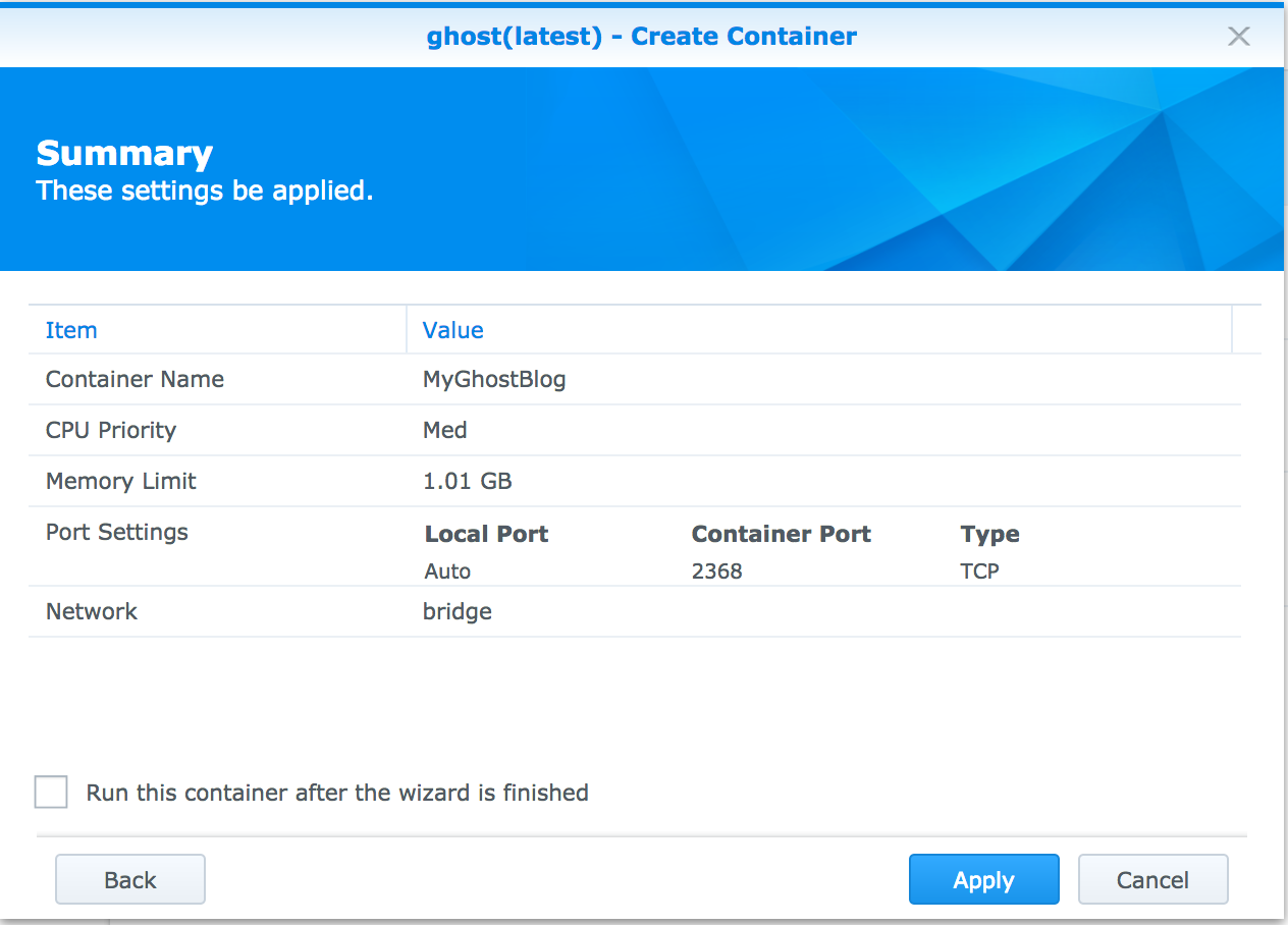 Synology - Configure Docker with Ghost Blog