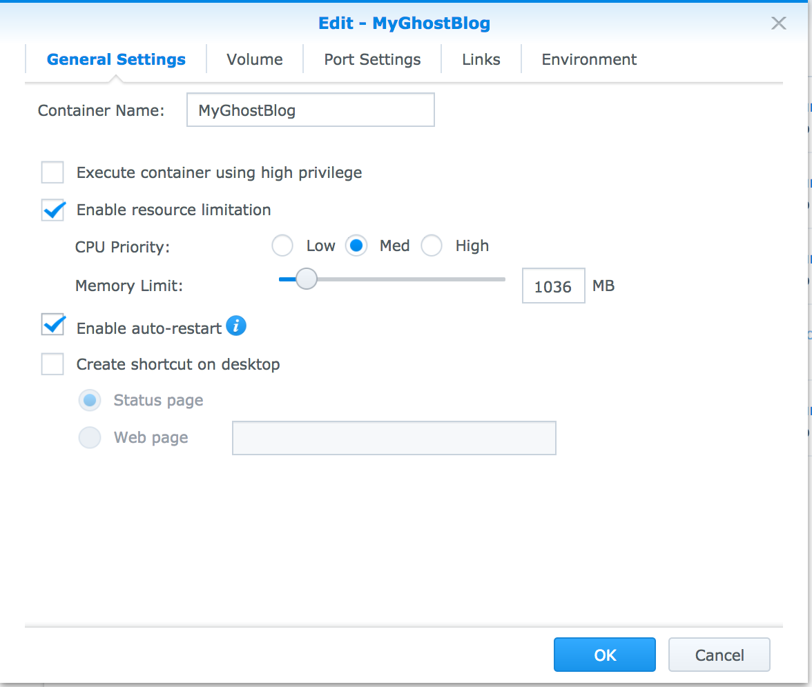 Synology - Configure Docker with Ghost Blog