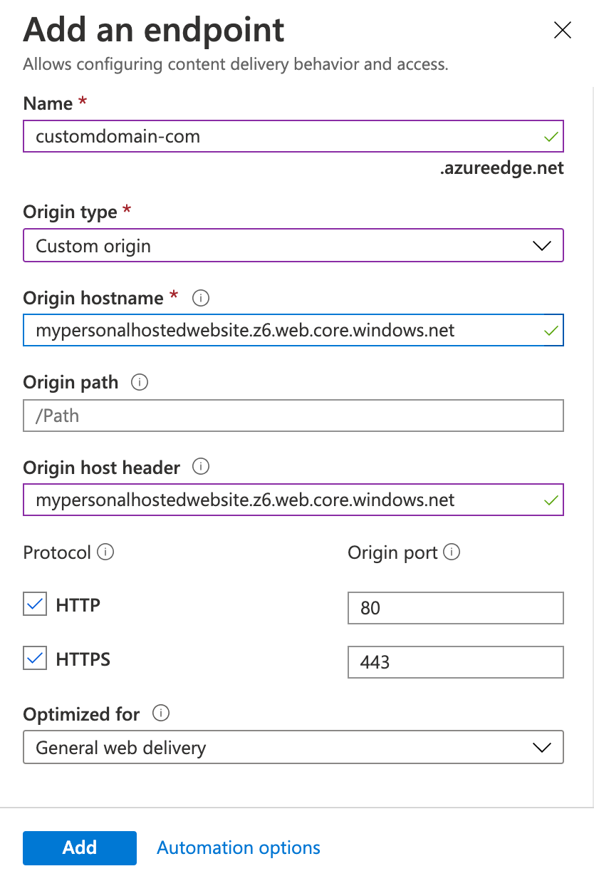 Cheap website hosting Azure Blob Storage + Azure CDN + Custom domain on HTTPS